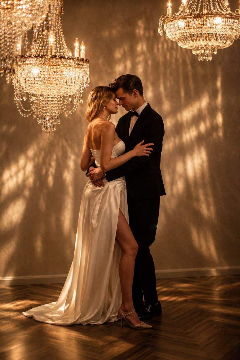 Washington DC photographer wedding portrait: a couple embracing forehead to forehead beneath crystal chandeliers in warm candlelight.
